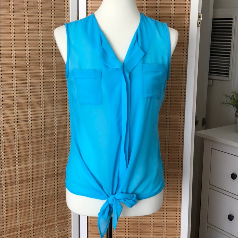 Fun & Flirt Semi-Sheer Tie-Front Blouse Blue Small